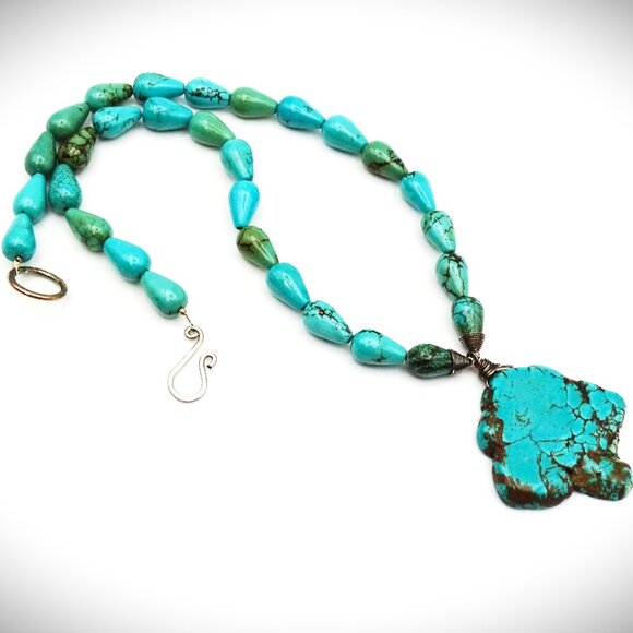 VINTAGE Sterling Silver Hubei Turquose Beads & Pendant Necklace - Picture 1 of 7